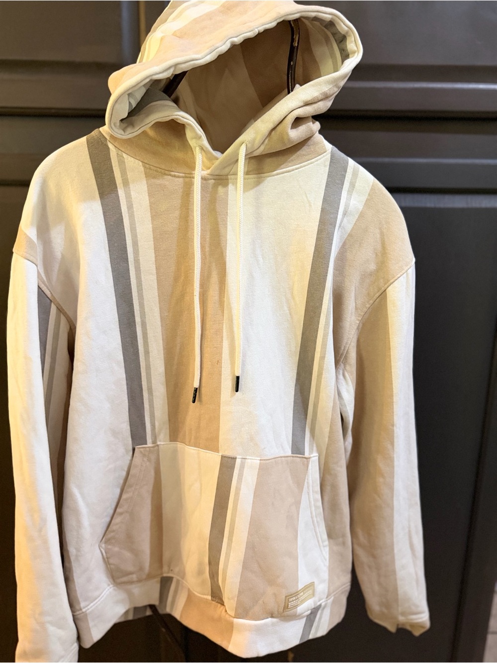 Men's Beige Striped Hoodie - Casual Pullover Sweatshirt Denim & Flower Sz M